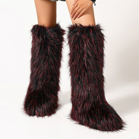 Women Winter Fluffy Faux Fur Knee High Snow Boots Solid Non-slip PVC Soles Outdoor Warm Boots Big Size