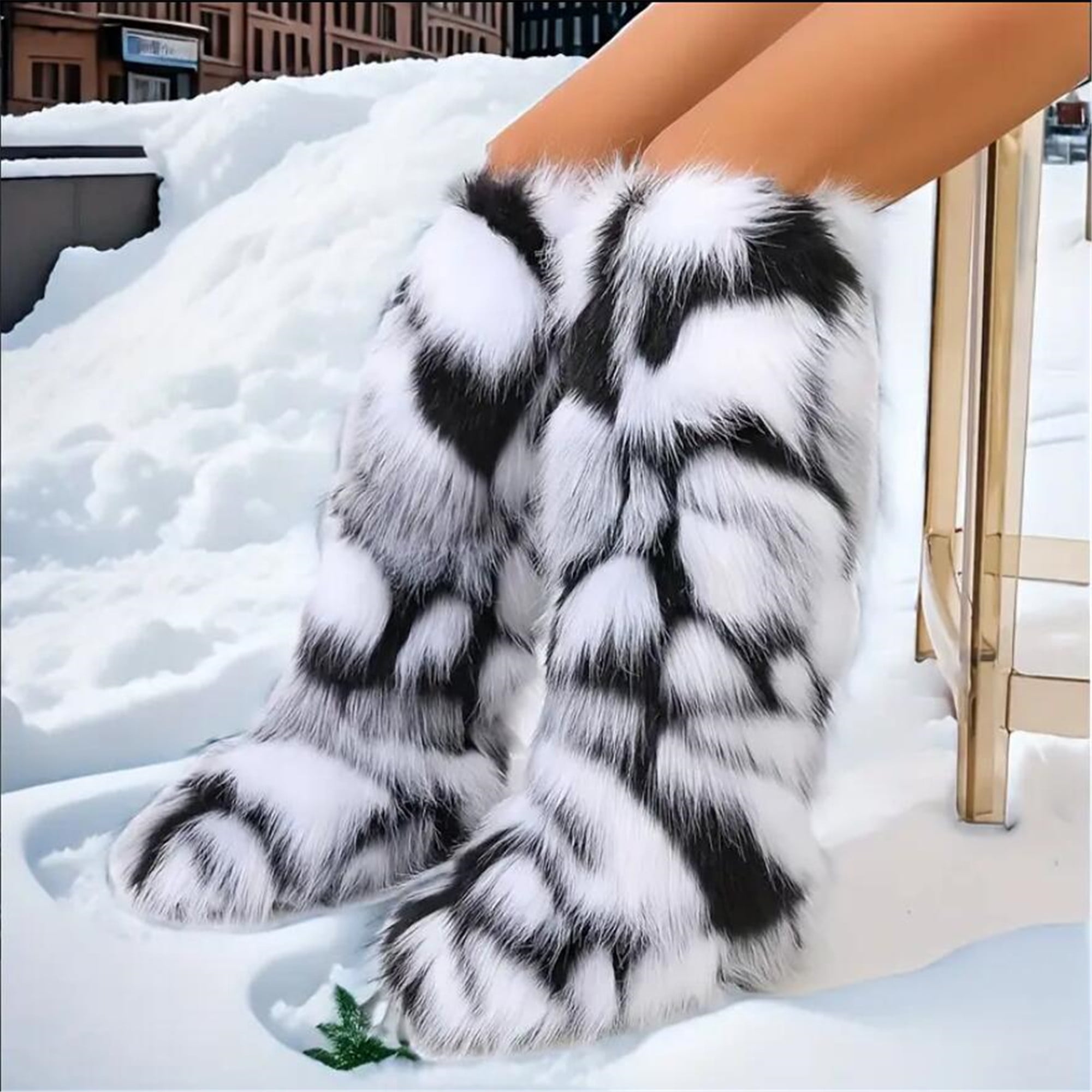 DINTAHA Faux Fur Lined Knee High Snow Boots - Chunky Platform, Bow Detail, 1.97 Inch Heel