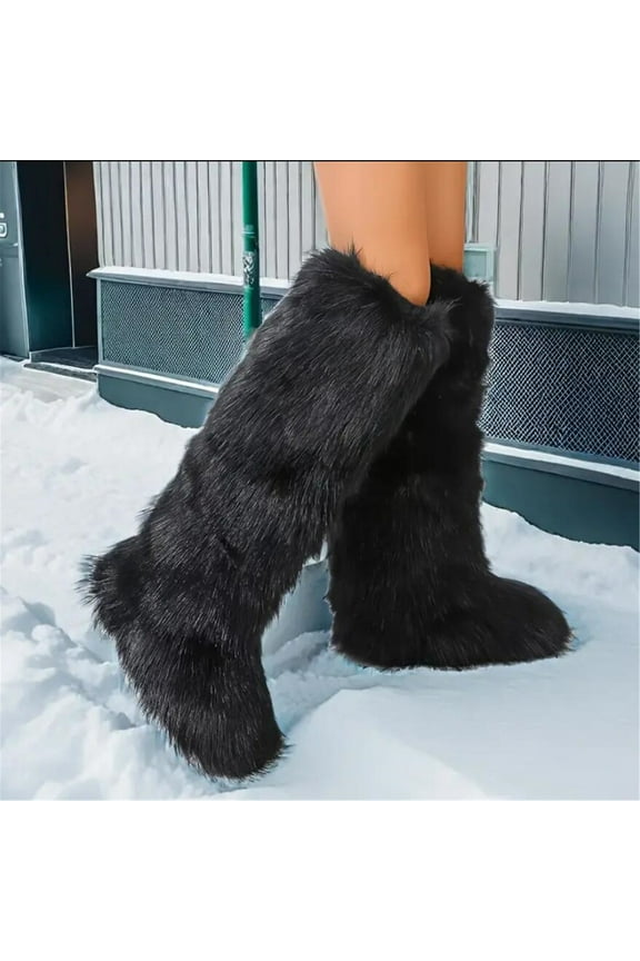 Women Winter Fluffy Faux Fur Knee High Snow Boots Y2K Outdoor Fashion Boots Luxurious Fashion Shoes
