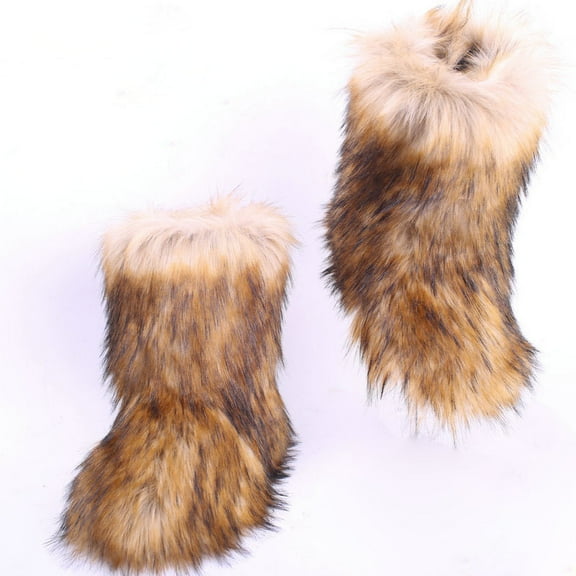 Women Winter Fluffy Faux Fur Mid-Calf Snow Boots Girls Outdoor Furry Warm Boots