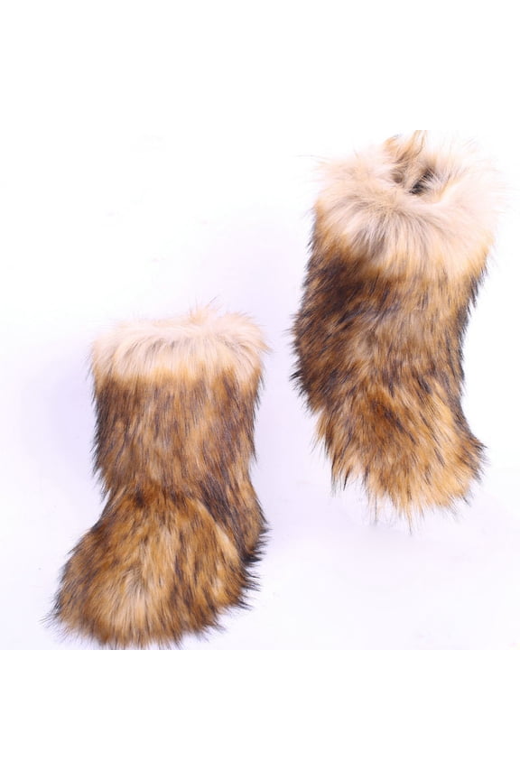 Women Winter Fluffy Faux Fur Mid-Calf Snow Boots Girls Outdoor Furry Warm Boots