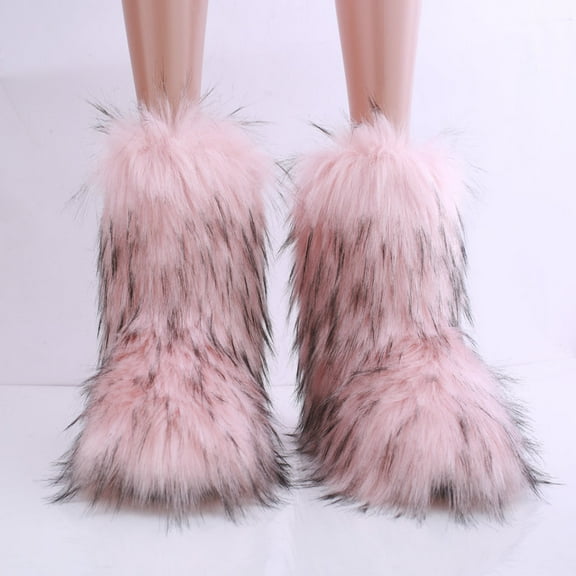 Women Winter Fluffy Faux Fur Mid-Calf Snow Boots Girls Outdoor Furry Warm Boots