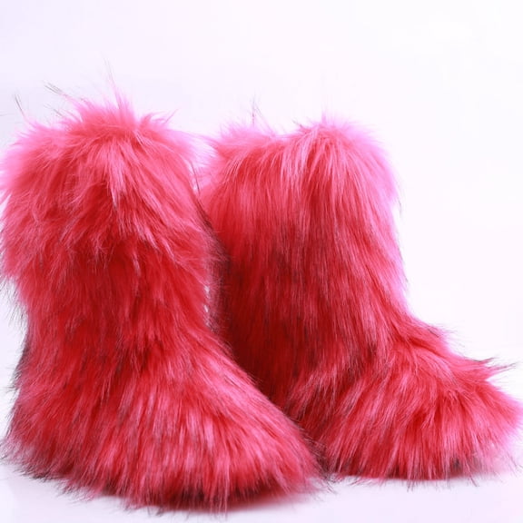 Women Winter Fluffy Faux Fur Mid-Calf Snow Boots Girls Outdoor Furry Warm Boots