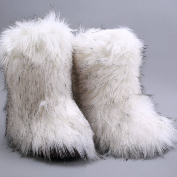 Women Winter Fluffy Faux Fur Mid-Calf Snow Boots Girls Outdoor Furry Warm Boots