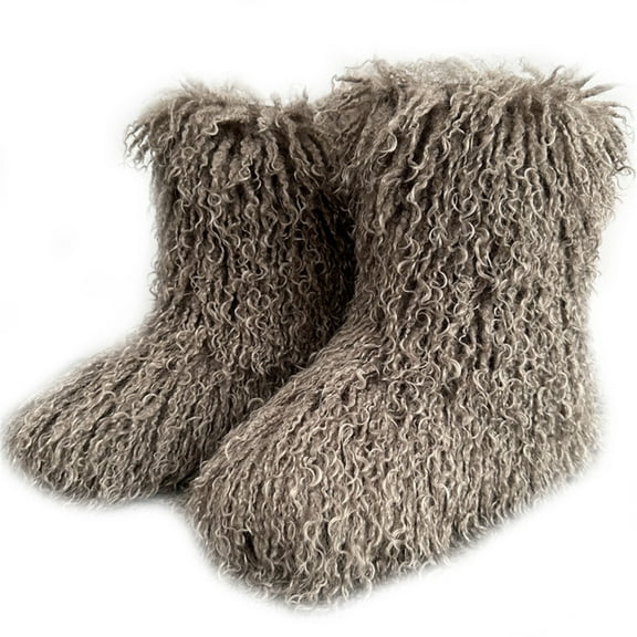 Women Winter Fluffy Faux Fur Mid-Calf Snow Boots Y2K Non-slip Plush Fake Mongolian Warm Boots