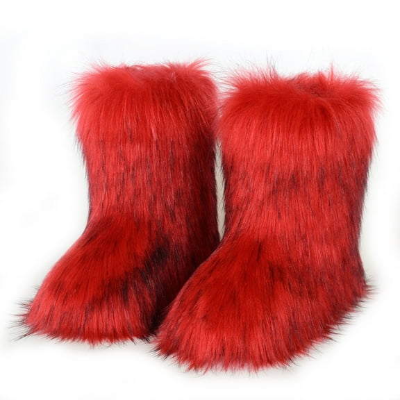Women Winter Fluffy Faux Fur Mid-Calf Snow Boots Y44K Non-slip Plush Warm Boots
