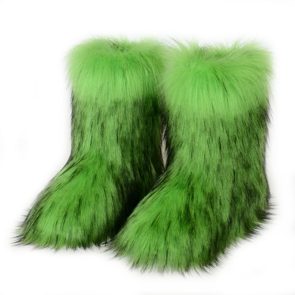 Women Winter Fluffy Faux Fur Mid-Calf Snow Boots Y54K Non-slip Plush Warm Boots