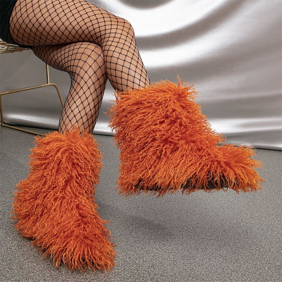 Women Winter Fluffy Faux Mongolian Fur Mid-Calf Snow Boots Lady's Fashionable Outdoor Y2K Non-slip Plush Warm Boots