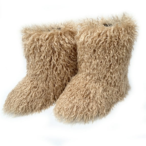 Women Winter Fluffy Faux Mongolian Fur Mid-Calf Snow Boots Y2K Non-slip Plush Warm Boots