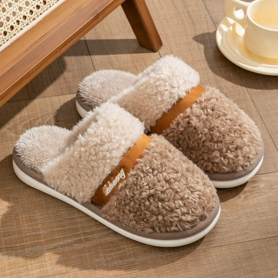 Women Winter Fluffy Fur Slippers Women Cute Bow Flat Shoes Anti-slip Flip Flops Couples Home Indoor Slippers Warm Plush Slippers (Dark Brown,42-43)