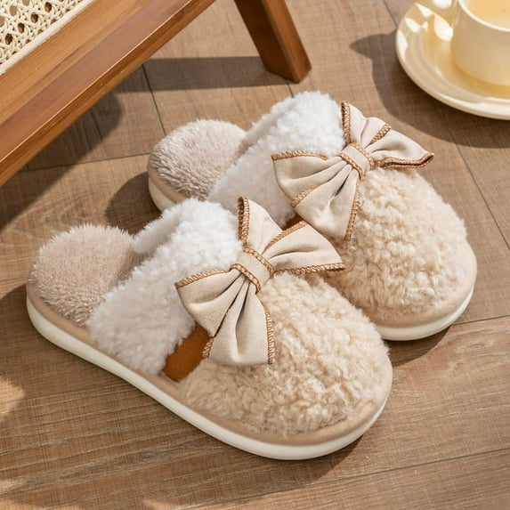 Women Winter Fluffy Fur Slippers Women Cute Bow Flat Shoes Anti-slip Flip Flops Couples Home Indoor Slippers Warm Plush Slippers (Khaki,36-37)