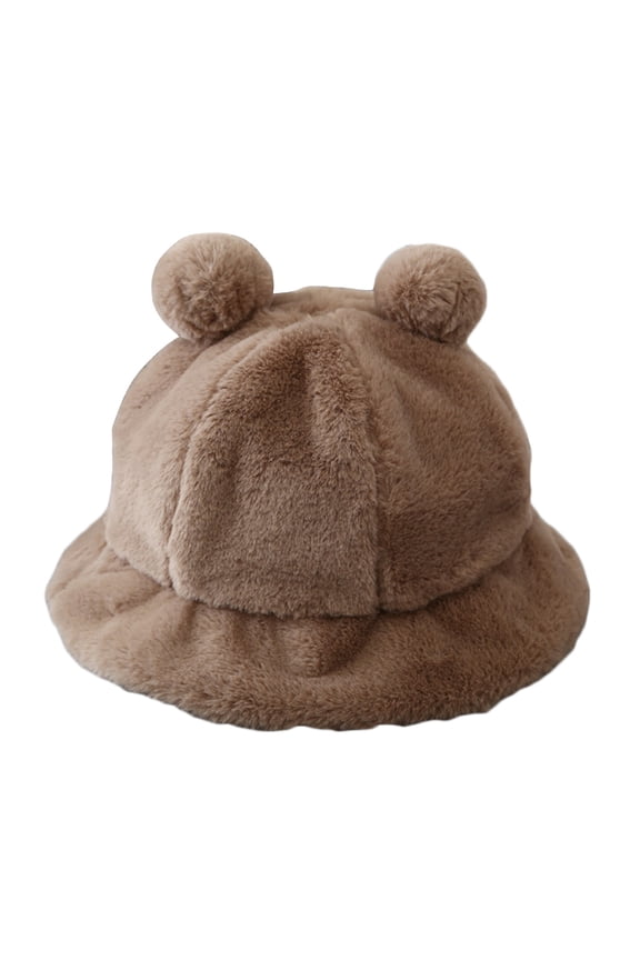 Women Winter Fluffy Plush Warm Bucket Hat with Cute Pompom Bear Ears Solid Color Leopard Short Brim Cloche Fisherman Cap