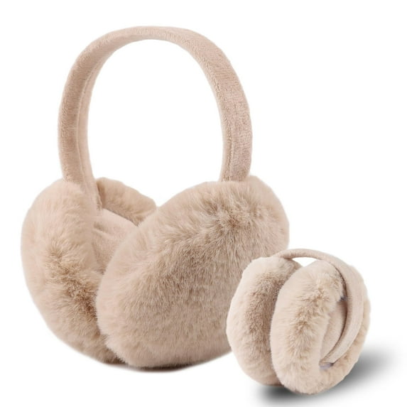 Women Winter Foldable Ear Muffs Faux Fur Warm Cute Earmuffs Lady Girls Plush Ear Warmers Outdoor Ear Covers Headband (Khaki)