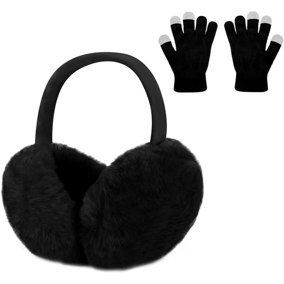 Women Winter Foldable Earmuffs and Gloves Set, Warm Plush Ear Muffs Ear Warmers Outdoor Ear Covers
