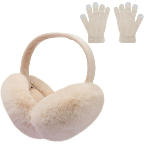 Women Winter Foldable Earmuffs and Gloves Set, Warm Plush Ear Muffs Ear Warmers Outdoor Ear Covers