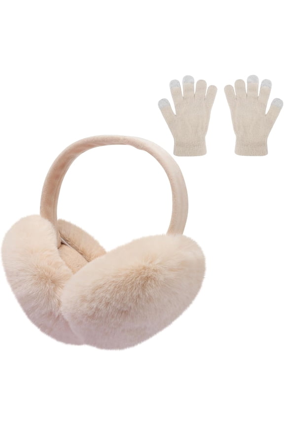 Women Winter Foldable Earmuffs and Gloves Set, Warm Plush Ear Muffs Ear Warmers Outdoor Ear Covers