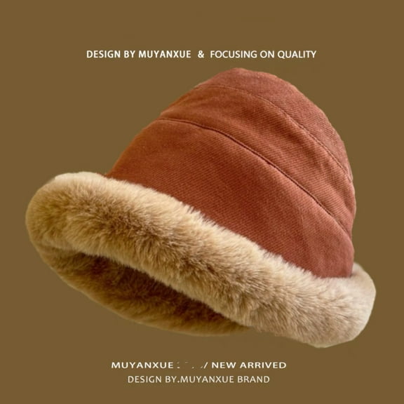 Women Winter Furry Bucket Hat Rolled Brim Faux Fur Cloche Hat with Fleece Lining