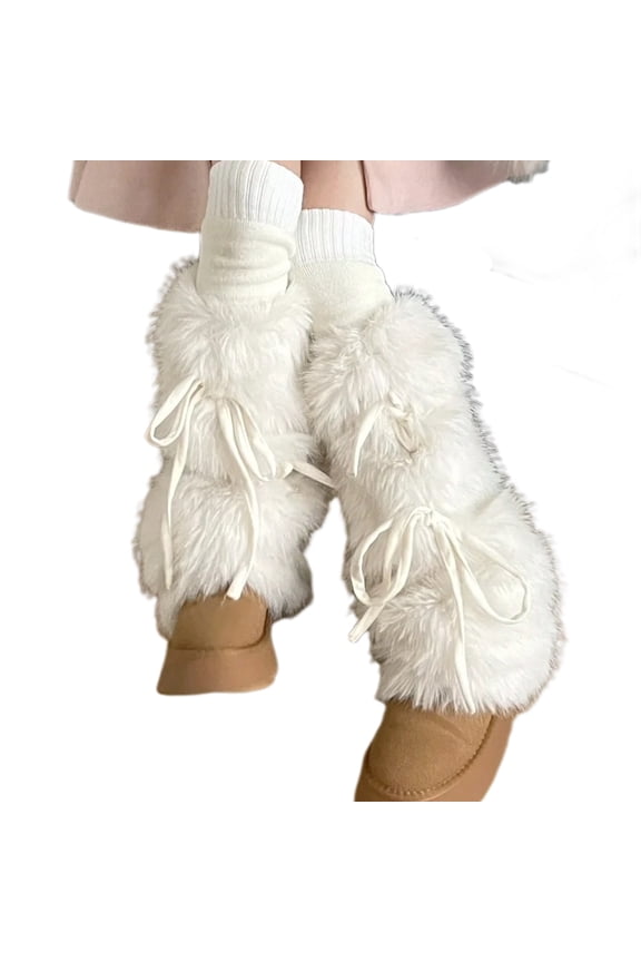 Women Winter Furry White Leg Warmers Stockings Vintage Warm Leggings Boot Cuffs Sweet Ribbon Bowknot Fuzzy Sock