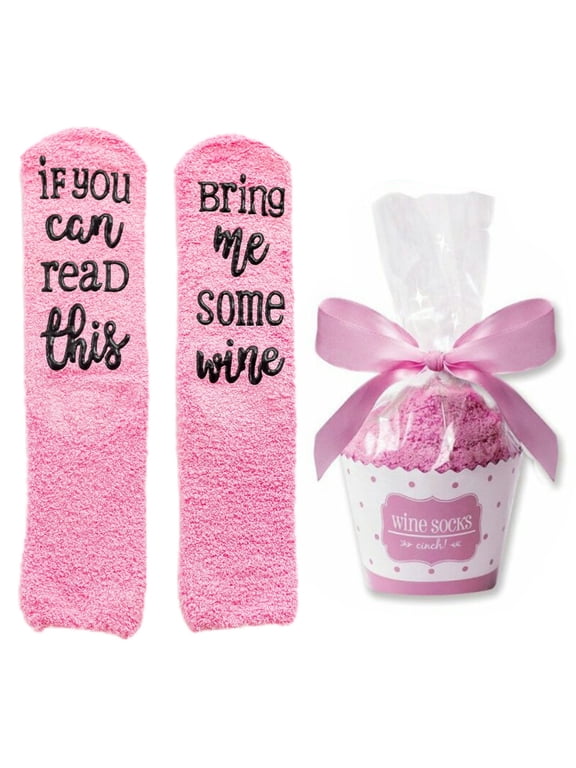 Women Winter Fuzzy Plush Slipper Socks If You Can Read This Bring Me Some Wine Warm Hosiery with Cupcake Gift Packaging