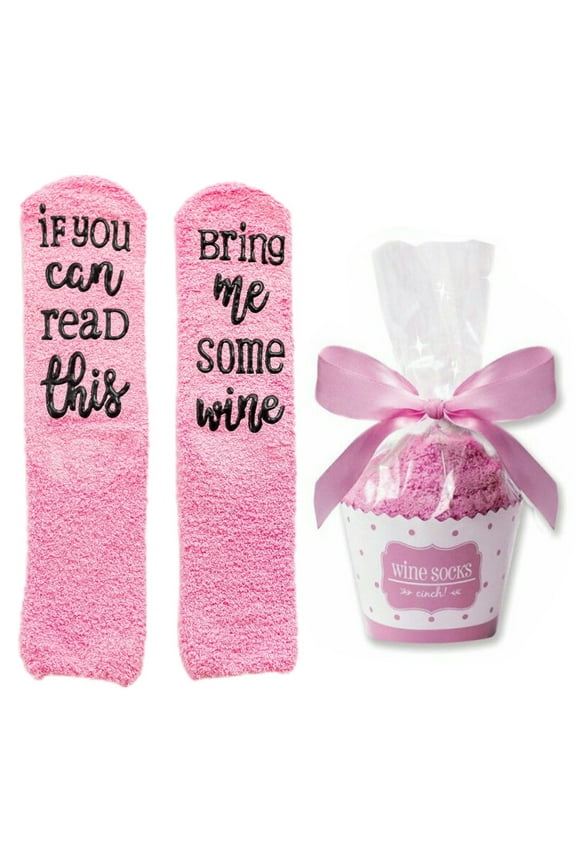 Women Winter Fuzzy Plush Slipper Socks If You Can Read This Bring Me Some Wine Warm Hosiery with Cupcake Gift Packaging