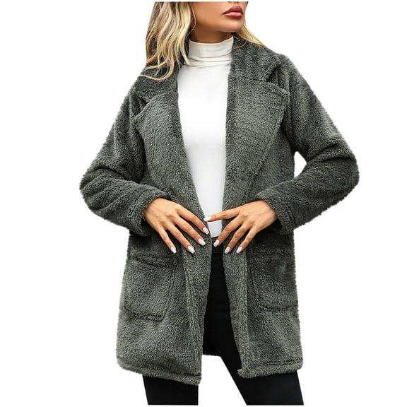 Women Winter Fuzzy Warm Fleece Jacket Coat Long Sleeve Lapel Open Front Comfy Cardigan Outerwear with Pockets