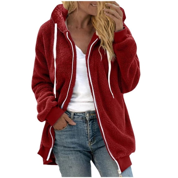 Women Winter Fuzzy Zipper Hooded Coat Jackets Casual Fleece Jackets Long Sleeve Casual Loose Outerwear