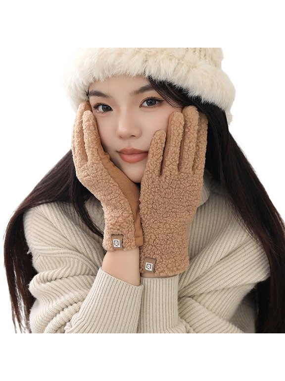 Women Winter Gloves Faux Lamb Wool Insulated Gloves For Driving Walking Hiking Fashionable Cold Protecting