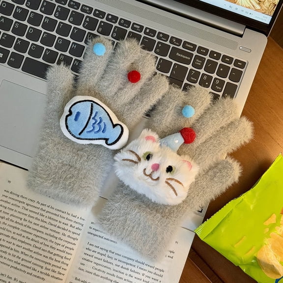 Women Winter Gloves Knitting Cute Thermal Warm Soft Furry Plush Elastic Cuff Casual Cozy Comfy Glove (Free Size, Khaki-A)