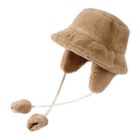 Women Winter Hat Falt Top Wide Brim Ear Protection Thick Plush Pure Color Strap Decor Detachable Earflap Windproof Soft Outdoor Bucket Cap -Khaki