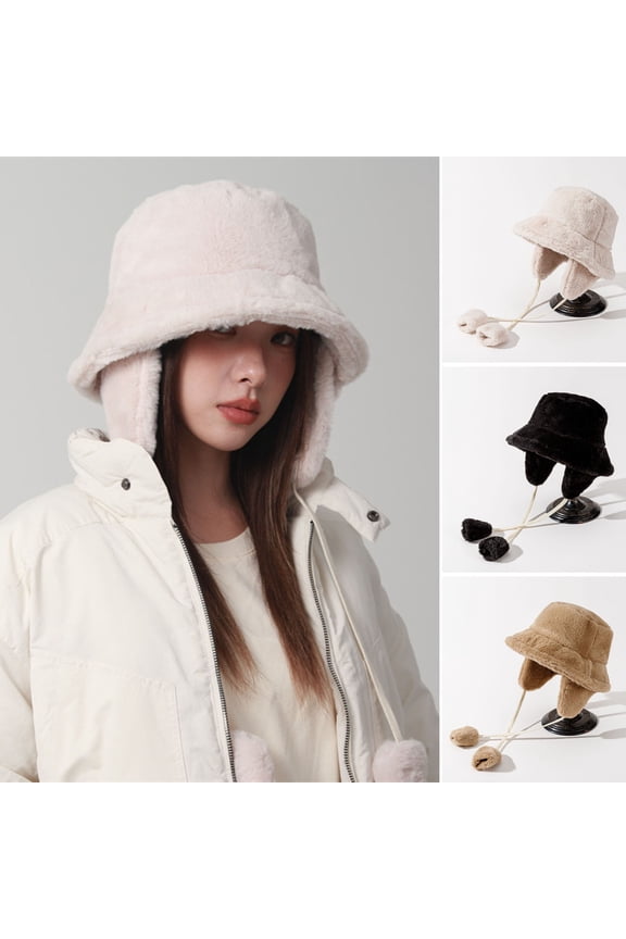 Women Winter Hat Falt Top Wide Brim Ear Thick Plush Pure Color Strap Decor Detachable Earflap Windproof Soft Outdoor Bucket Cap
