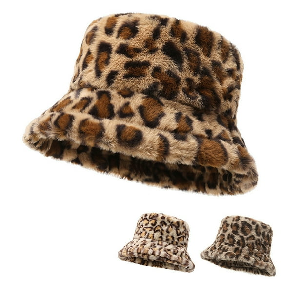 Women Winter Hat Flat Dome Leopard Print Basin Hat Thickened Warm Plush Bucket Hat Warm Knit Outdoor Hat