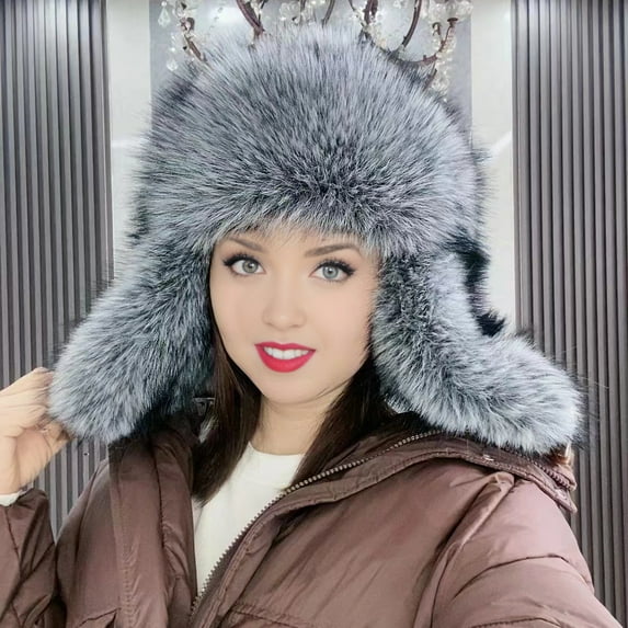 Women Winter Hat Gloves Thickened Fuzzy Faux Fur Ear Windoroof Heat Retention Outdoor Skiing Skating Snowboarding Lei Feng Hat