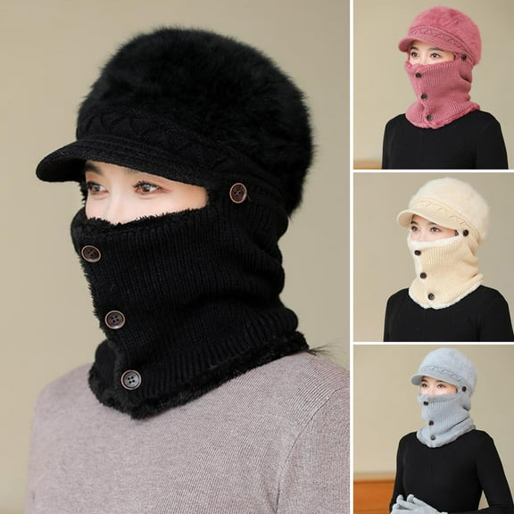 Women Winter Hat with Integrated Scarf Thick Warm Windproof Cycling Face Shield Button Closure Stretchable Full Outdoor Travel Cold Weather Skiing Cap