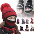 thumbnail image 1 of Women Winter Hat Scarf Mask 3 in 1 Fleece Lined Knitted Warm Beanies Hats Scarfs Set with Pompom, 1 of 8