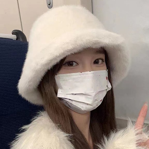 Women Winter Hat - Thick Fuzzy Plush Faux Fur Heat Retention Windproof Fisherman Hat Short Brim Solid Color Outdoor Cycling Skiing