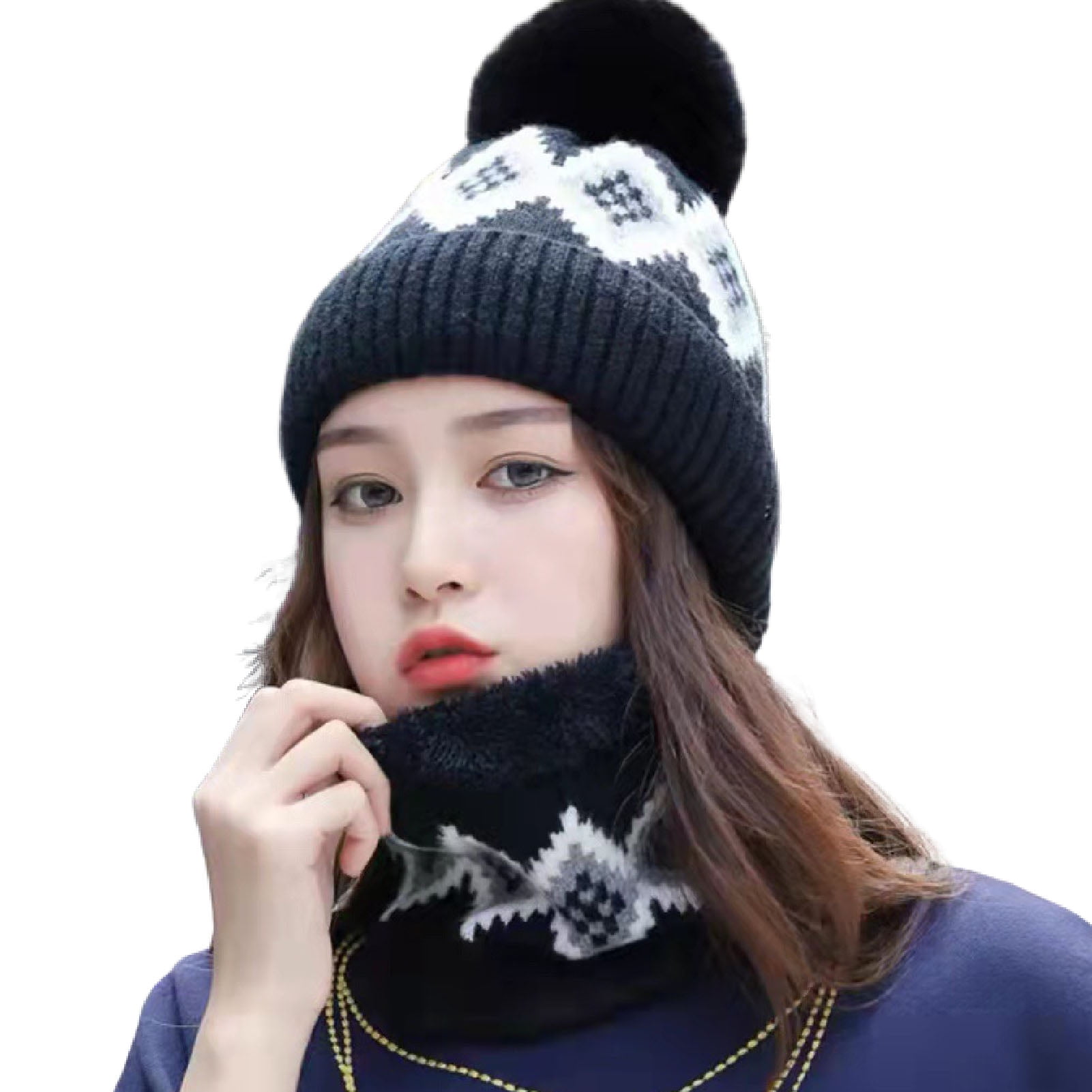 Women Winter Hat with Pompons Ball Knitted Hats Scarf Set Beanie - Main Image