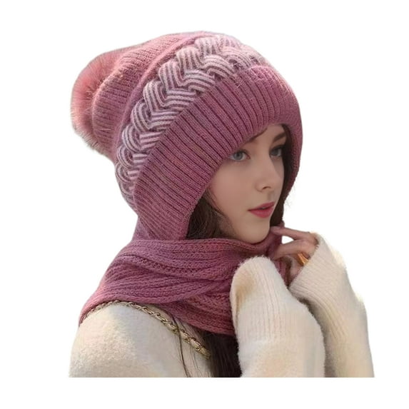 Women Winter Hat with Scarf Thick Warm Plush Windproof Cycling Headwear Contrast Color Elastic Full Protecting Outdoor Travel Cold Weather Skiing Cap