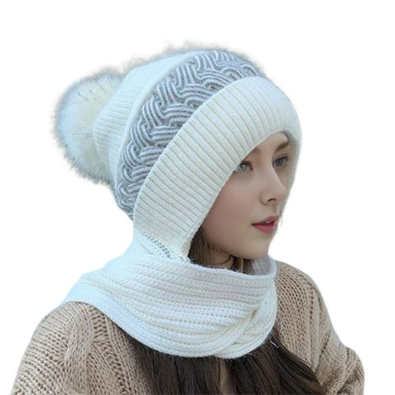 Women Winter Hat with Scarf Thick Warm Plush Windproof Cycling Headwear Contrast Color Elastic Full Protecting Outdoor Travel Cold Weather Skiing Cap