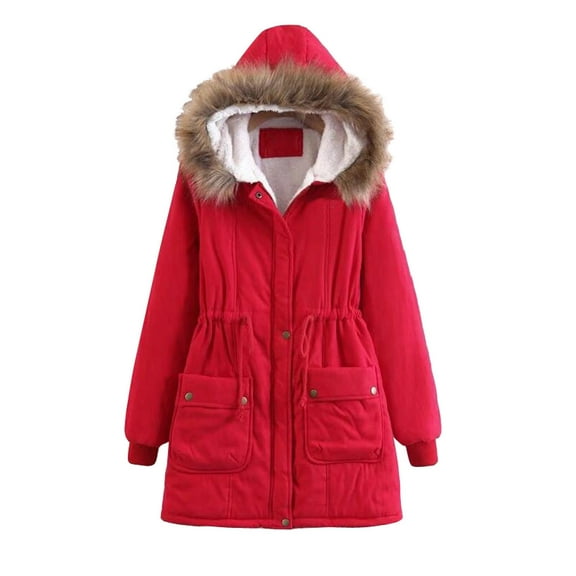 Women Winter Hooded Coat with Drawstring Long Sleeve Slim Fit Jacket for Outdoor Wind and Warmth