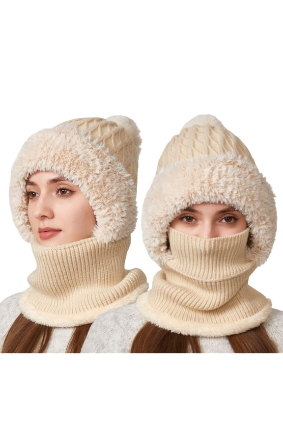 Women Winter Integrated Knit Hat - Plush Beanie With Neck Warmer Cover, Ear Flap Windproof Warm Stocking Stuffers, Winter Gifts For Girls Teen Girls Christmas Gifts for Teens