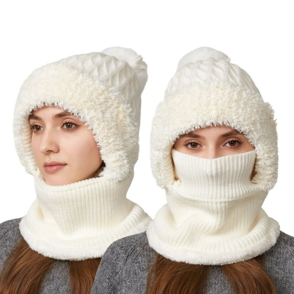 Women Winter Integrated Knit Hat - Plush Beanie With Neck Warmer Cover, Ear Flap Windproof Warm Stocking Stuffers, Winter Gifts For Girls Teen Girls Christmas Gifts for Teens