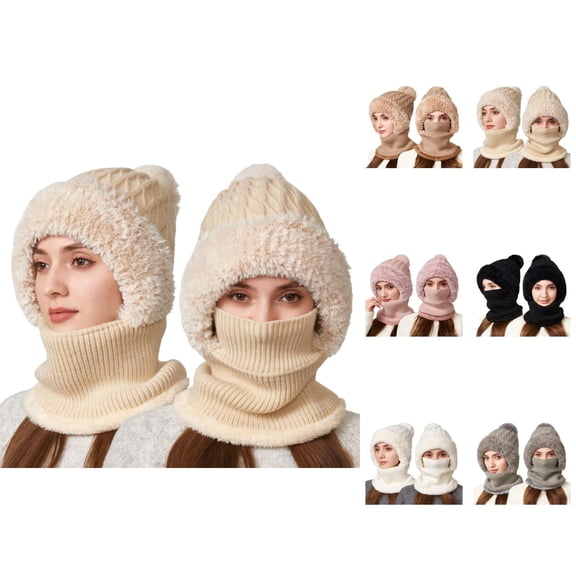 Women Winter Integrated Knit Hat - Plush Beanie With Neck Warmer Cover, Ear Flap Windproof Warm Stocking Stuffers, Winter Gifts For Girls Teen Girls