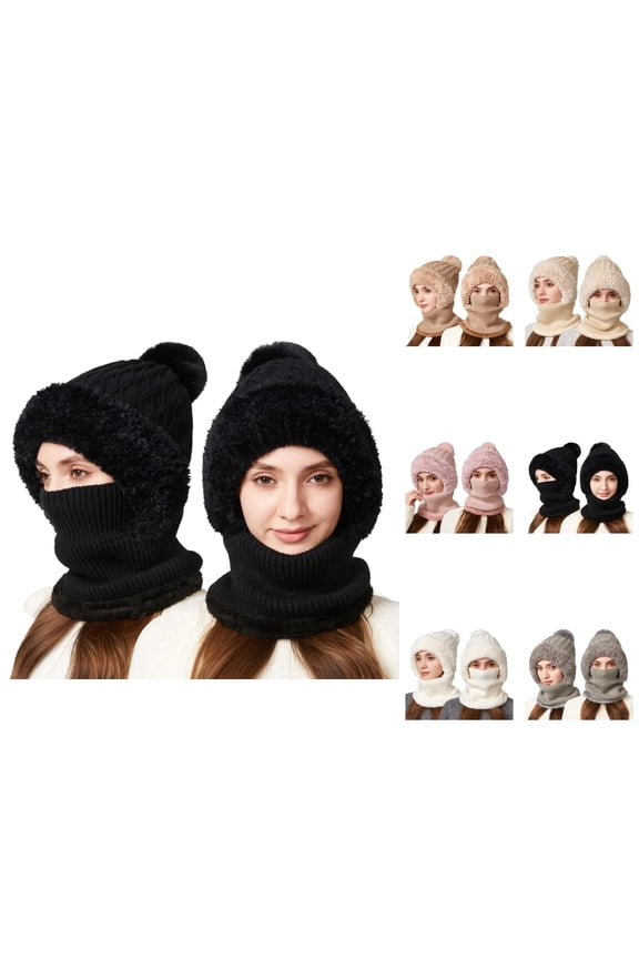 Women Winter Integrated Knit Hat - Plush Beanie With Neck Warmer Cover, Ear Flap Windproof Warm Stocking Stuffers, Winter Gifts For Girls Teen Girls
