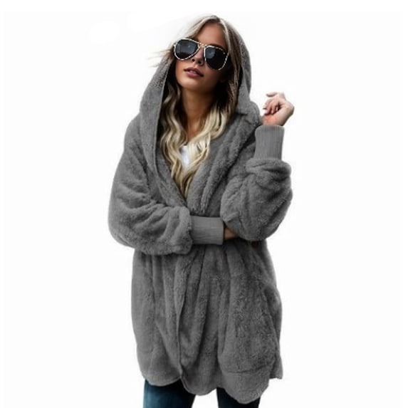 Women Winter Jacket Double-sided Wear Thick Fleece Hooded Pockets Mid Length Solid Color Warm Casual Daily Wear Long Coat