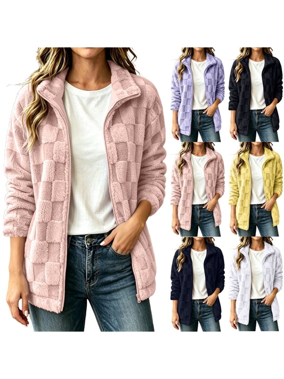 Women Winter Jacket Fuzzy Fleece Zip Up Jackets Fall Outerwear Fashion Clothes Loose Fit, Christmas Sweater Coat