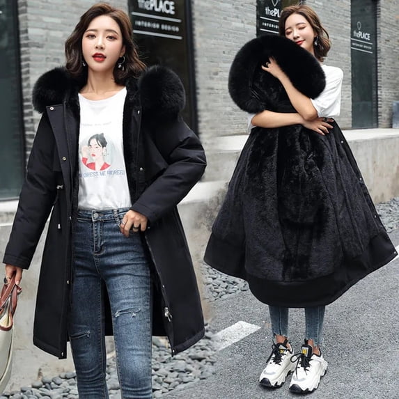 Women Winter Jacket Parka Clothes Loose Long Coat Wool Liner Hooded Jacket Collar Warm Thick Snow Wear Padded Parka