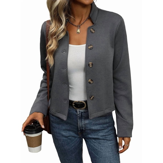 Women Winter Jacket Stand Collar Long Sleeve Short Shacket Casual Outerwear Dark Gray L