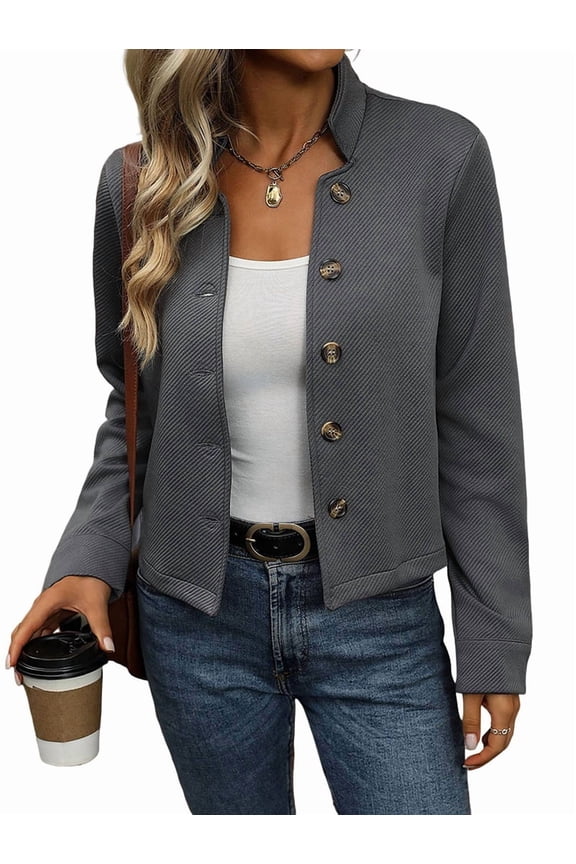 Women Winter Jacket Stand Collar Long Sleeve Short Shacket Casual Outerwear Dark Gray M