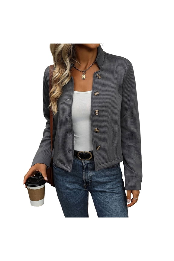 Women Winter Jacket Stand Collar Long Sleeve Short Shacket Casual Outerwear Dark Gray M