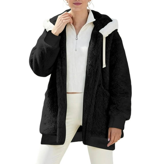 Women Winter Jacket with Hood Fuzzy Oversized Full Zip Up Hoodie Sherpa Fleece Coat Long Sleeve Warm Outerwear (M, Black)